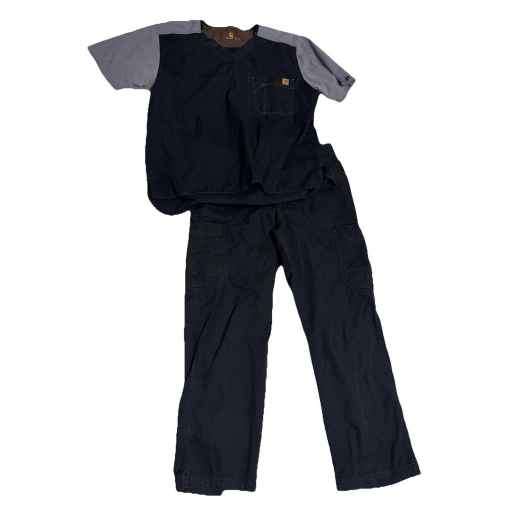 Carhartt Force Mens Scrub Top Zip Button Tie Elastic Pants Set Size L Black Gray